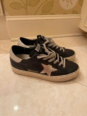 Golden Goose hi star Black Leather platform Sneaker silver Star and Silver Heel